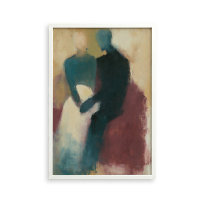 The image is an abstract painting featuring two figures, one in a blue dress and the other in a black suit, sitting together and appearing to embrace.
