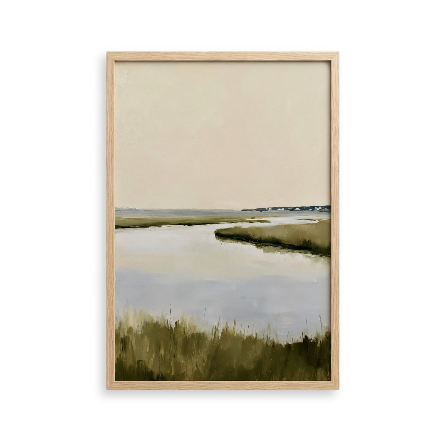 The image is a framed painting depicting a serene landscape with a body of water and lush green vegetation.