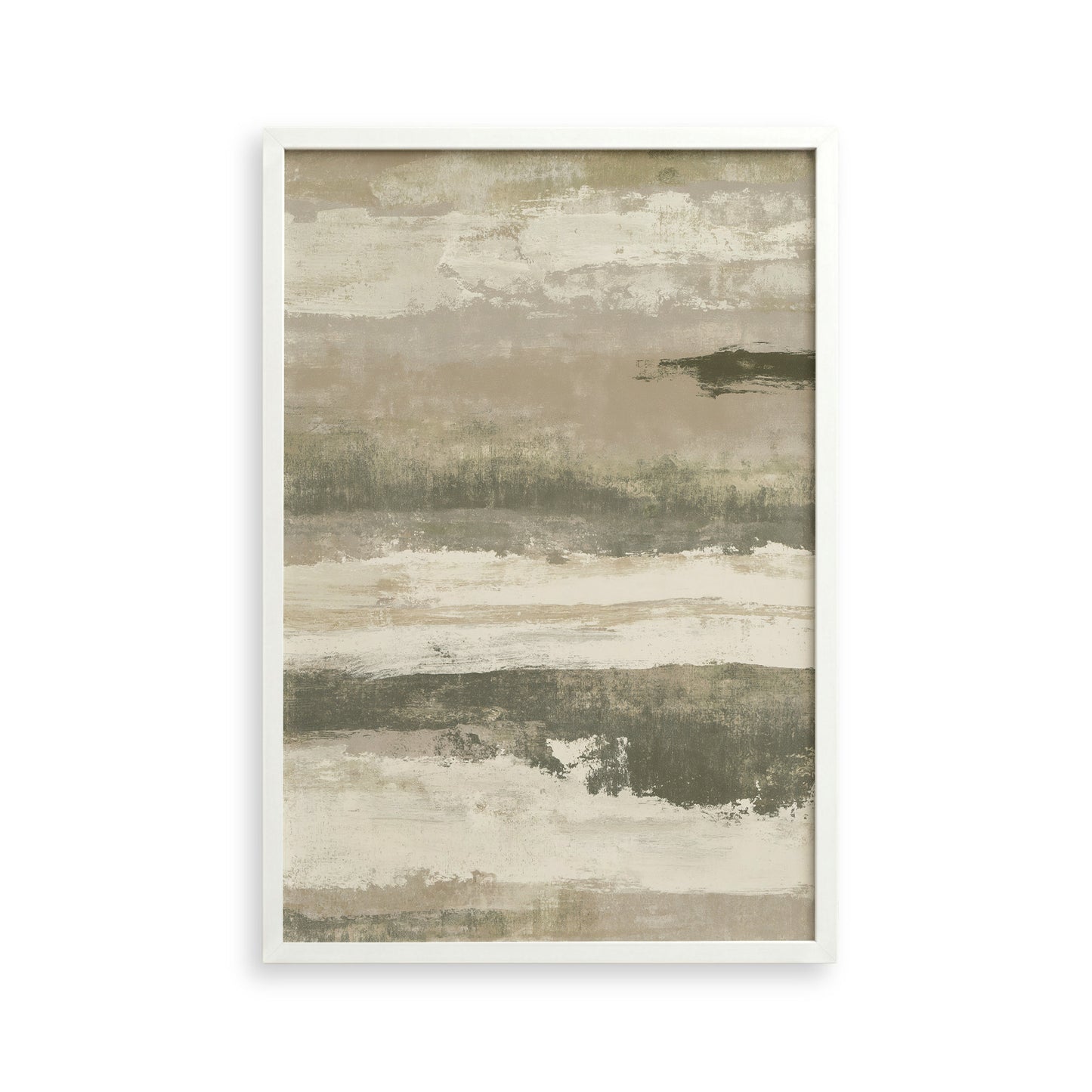The image is a framed abstract painting with a color palette of beige, gray, and brown. The painting features a textured, layered appearance with brushstrokes and splatters across the canvas.