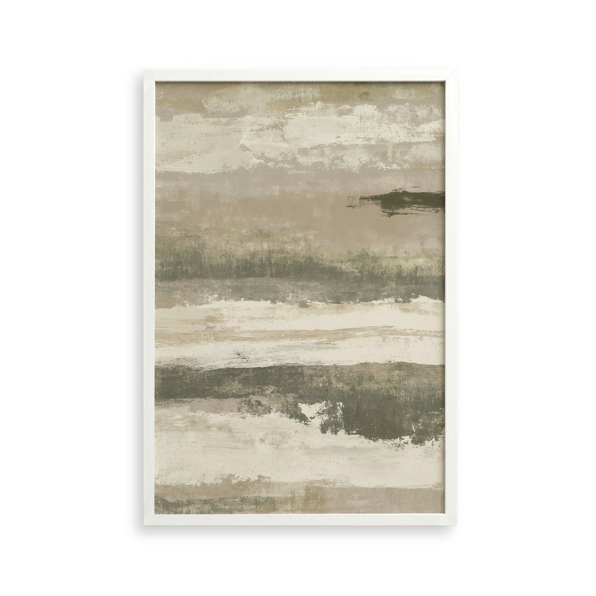 The image is a framed abstract painting with a color palette of beige, gray, and brown. The painting features a textured, layered appearance with brushstrokes and splatters across the canvas.