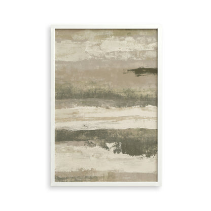 The image is a framed abstract painting with a color palette of beige, gray, and brown. The painting features a textured, layered appearance with brushstrokes and splatters across the canvas.