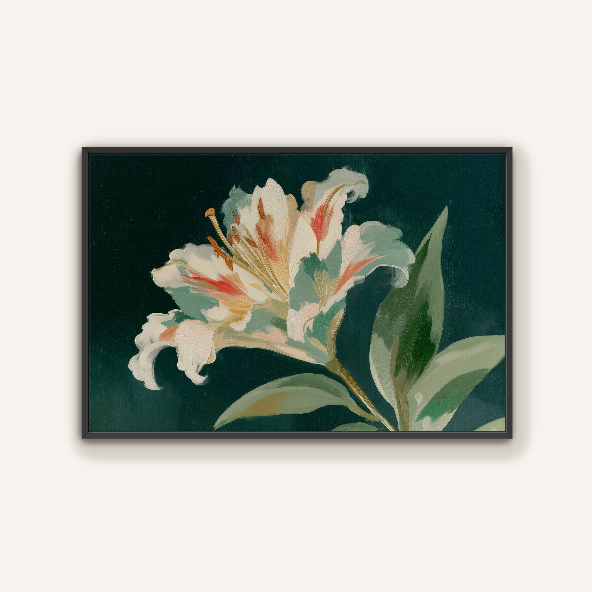 A framed painting depicting a large, colorful lily flower with green leaves against a dark background.
