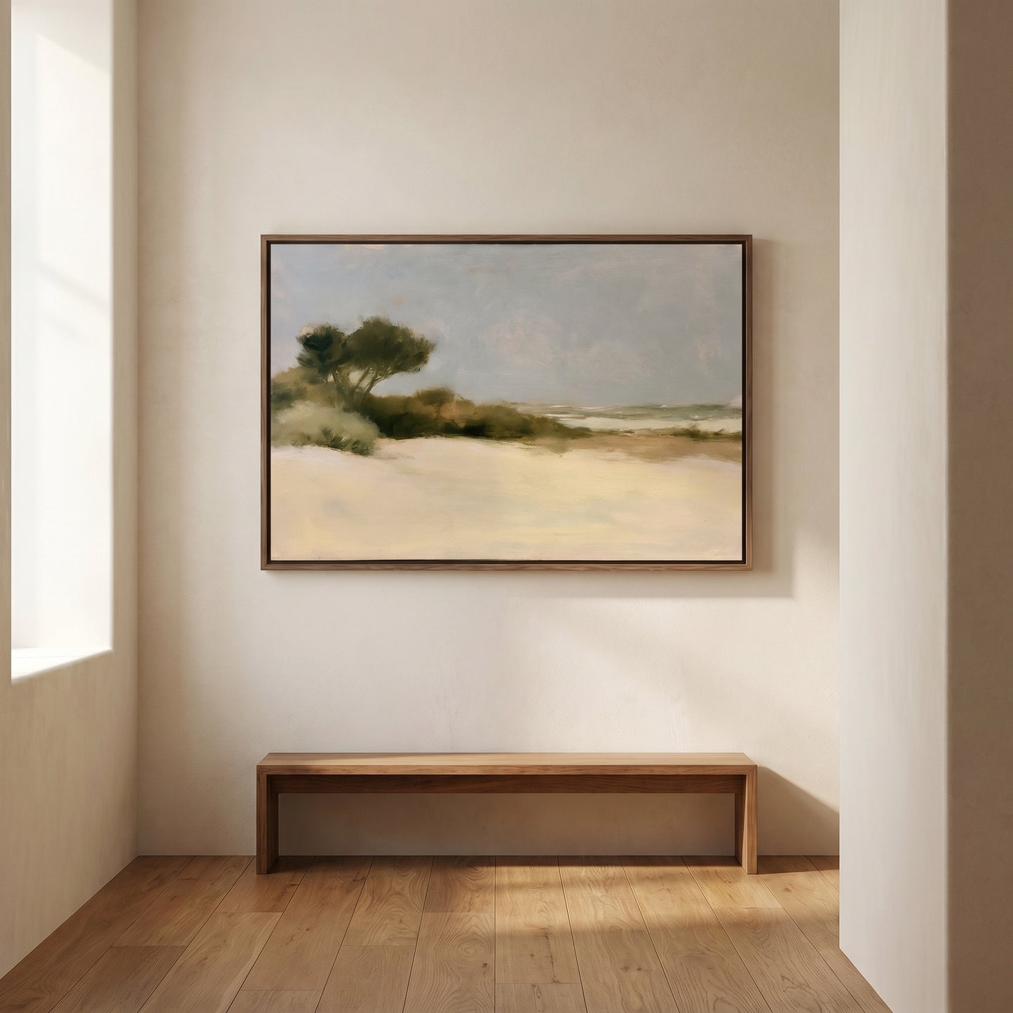 a serene landscape painting hanging on a white wall in a minimalist room with a wooden bench below it.