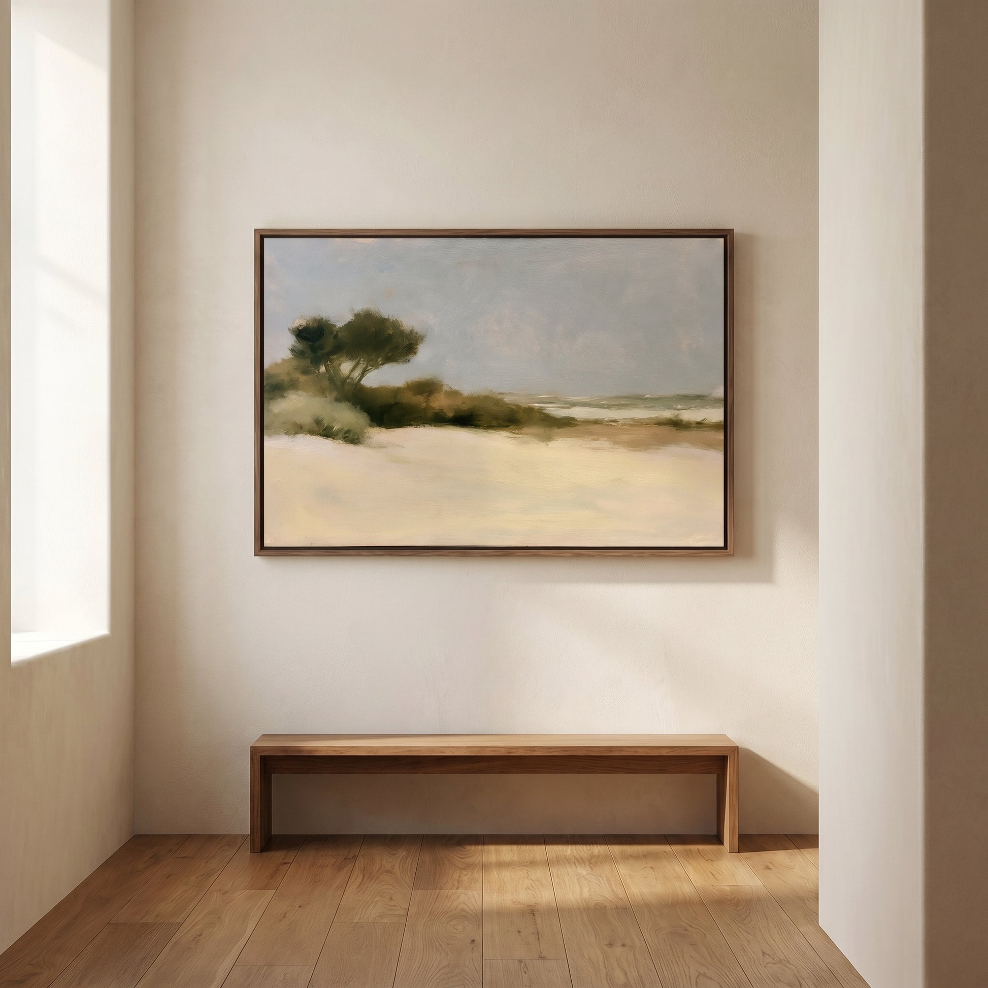 a serene landscape painting hanging on a white wall in a minimalist room with a wooden bench below it.