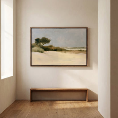 a serene landscape painting hanging on a white wall in a minimalist room with a wooden bench below it.