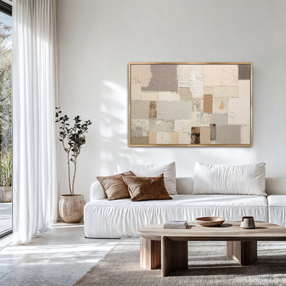 a modern living room with a white sofa, a wooden coffee table, and a large abstract painting on the wall.