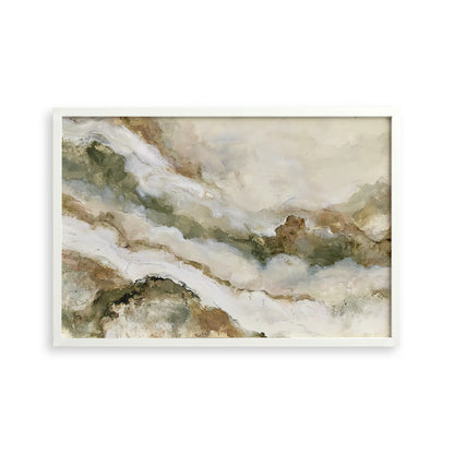 The image is a framed abstract painting with a landscape-like composition of various shades of green, brown, and white.