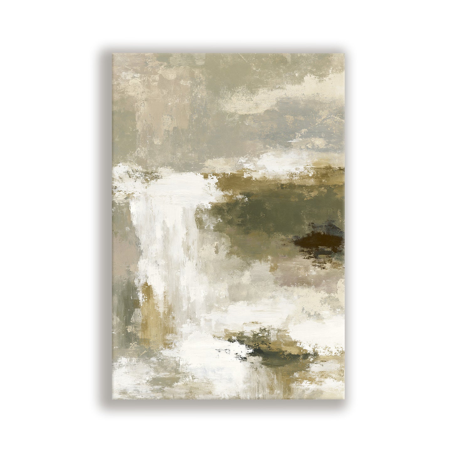 The image is an abstract painting with a predominantly beige and gray color palette, featuring a landscape scene with a waterfall and clouds.