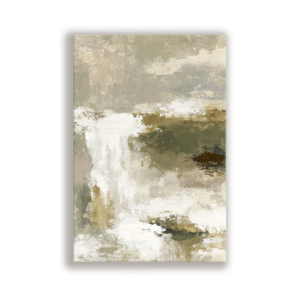 The image is an abstract painting with a predominantly beige and gray color palette, featuring a landscape scene with a waterfall and clouds.