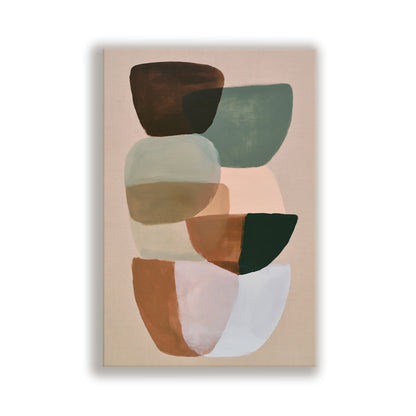 The image is an abstract painting featuring a variety of shapes and colors, including shades of brown, green, and white.