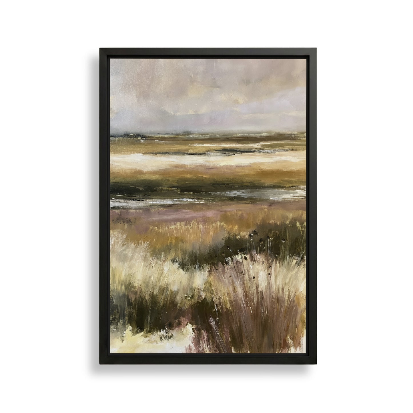 The image is a framed painting depicting a serene landscape with a field of tall grass and a body of water in the background.