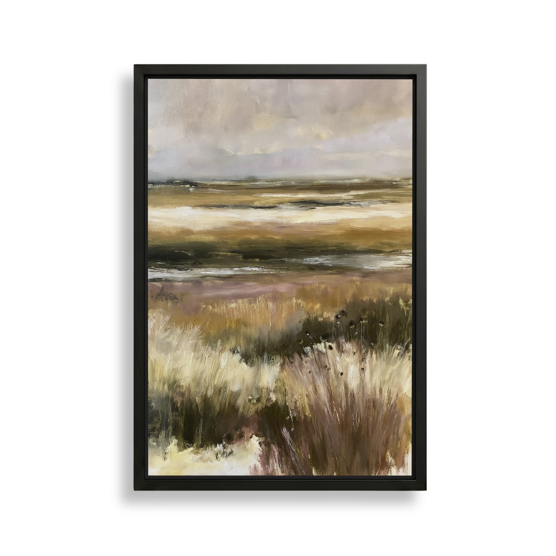 The image is a framed painting depicting a serene landscape with a field of tall grass and a body of water in the background.
