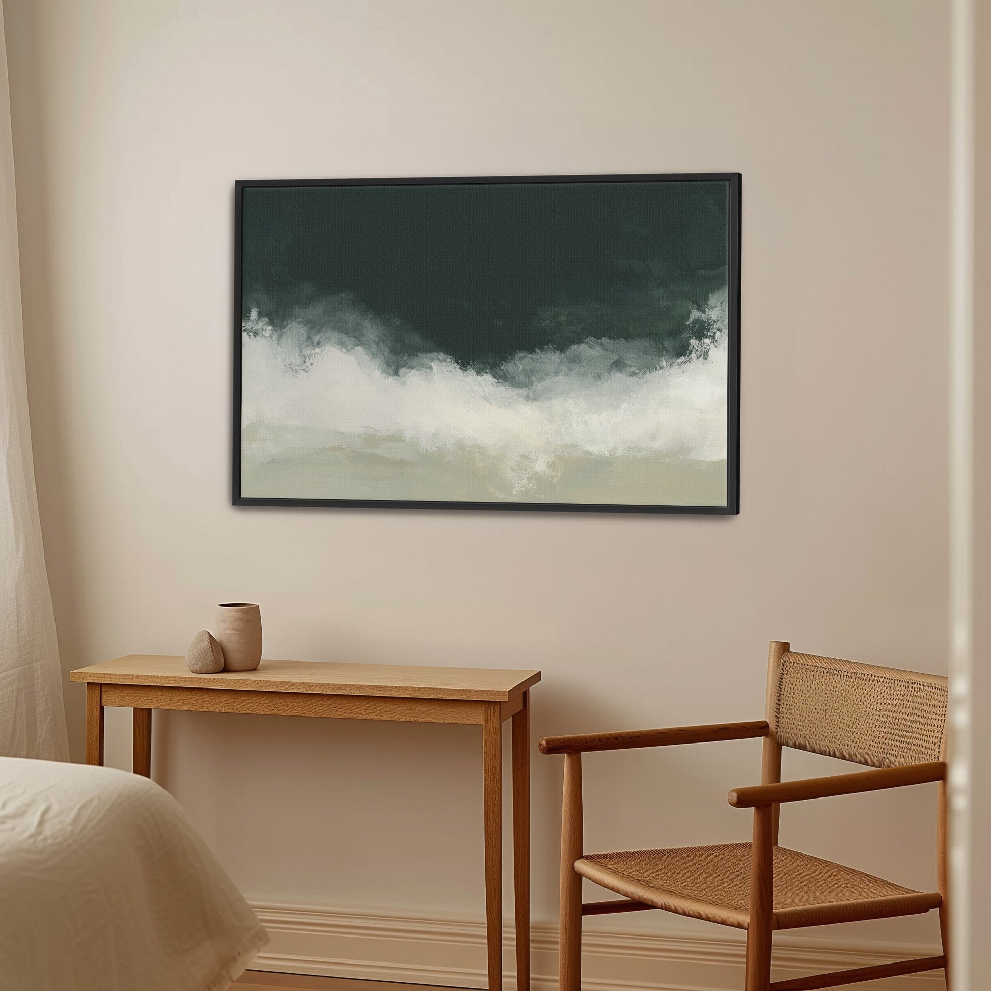 Surge Canvas Wall Art with deep emerald and soft white tones, framed, displayed in minimalist room with wooden chair and table