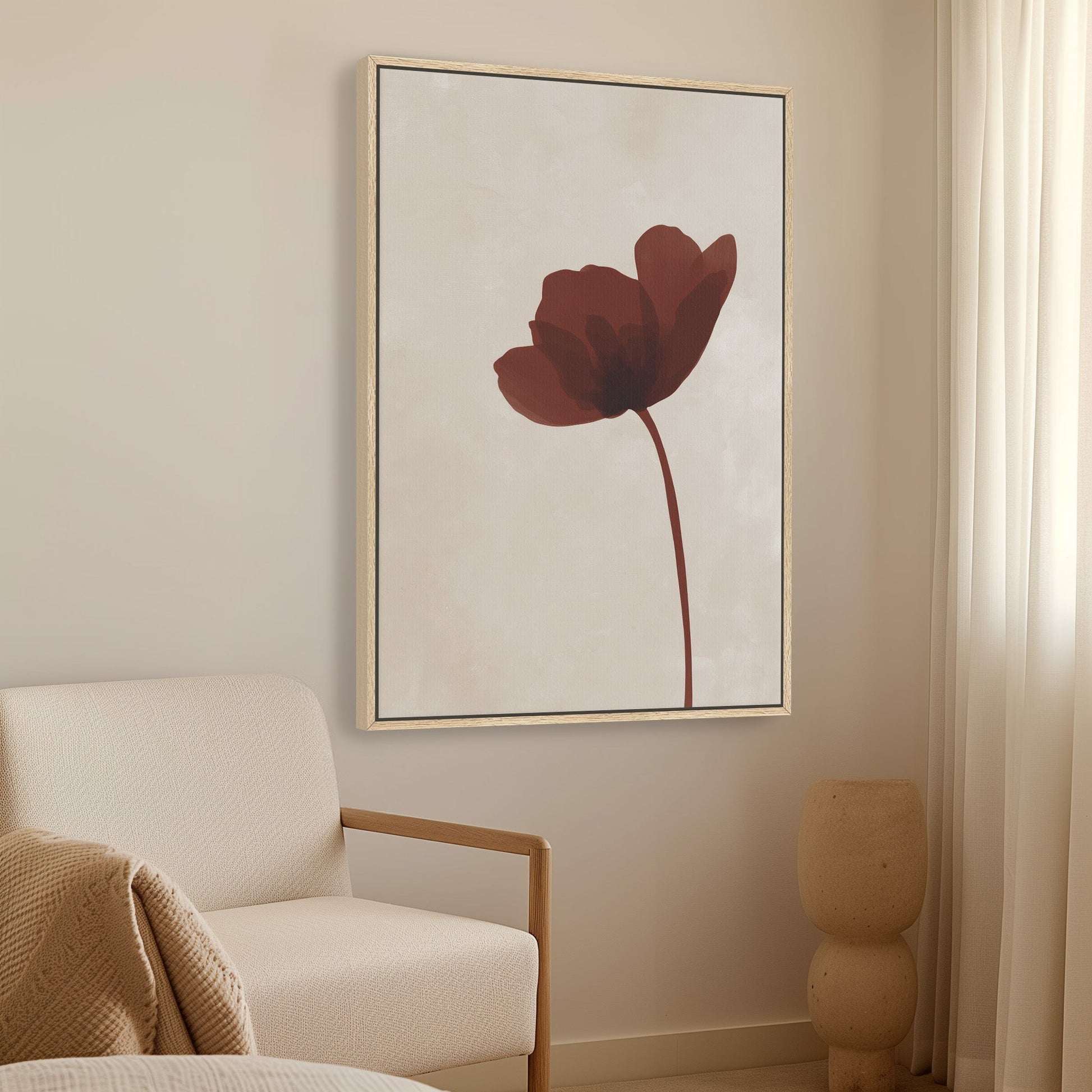 Minimalist Stem Canvas Print featuring a single burgundy flower on neutral background in a modern living room setting