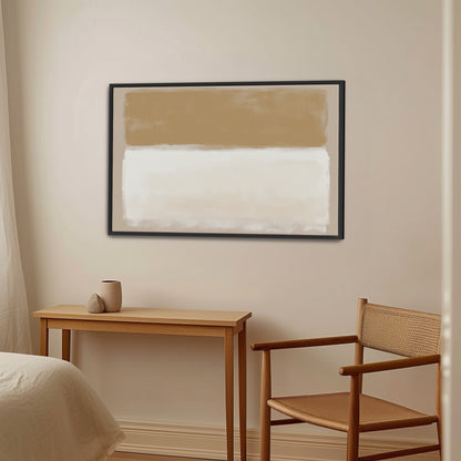Sienna canvas print with warm golden and ivory abstract tones in black frame hanging in minimalist beige room with wooden furniture