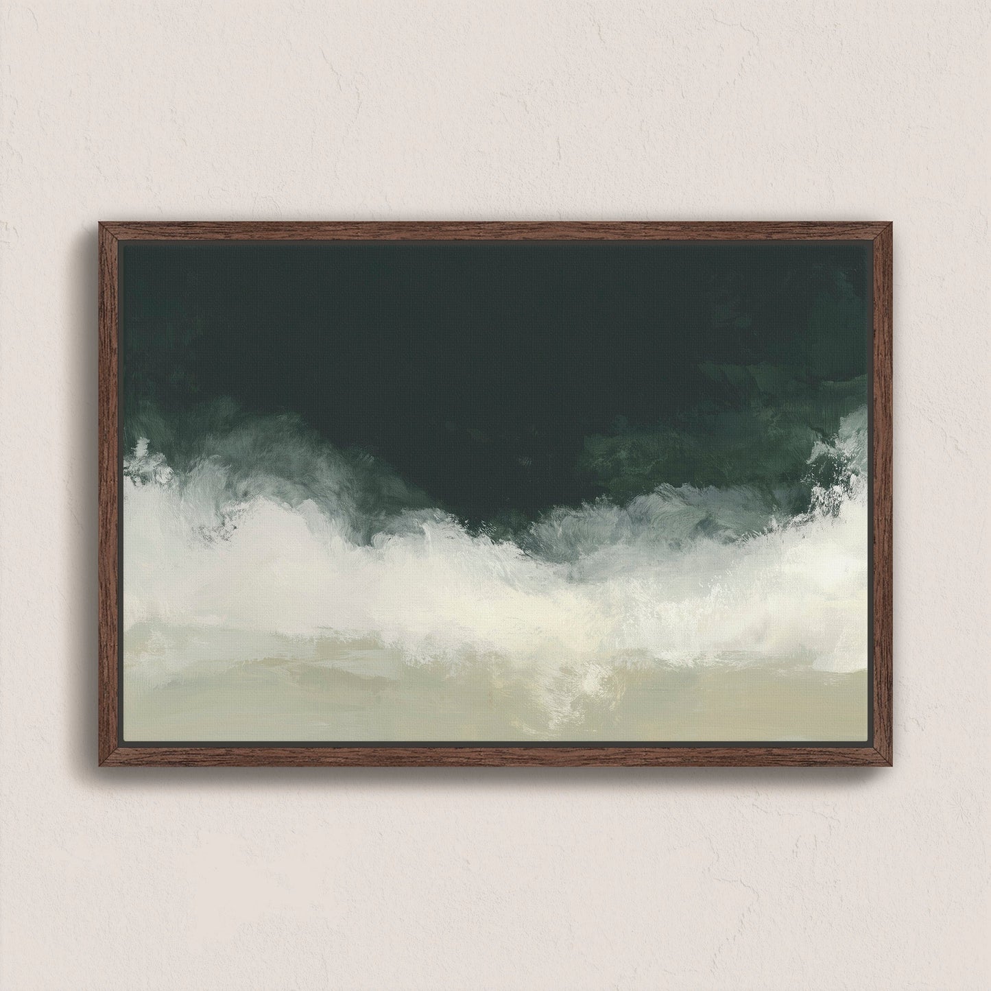 Surge Canvas Wall Art with deep emerald and soft white tones in a wooden frame, abstract ocean-inspired design.