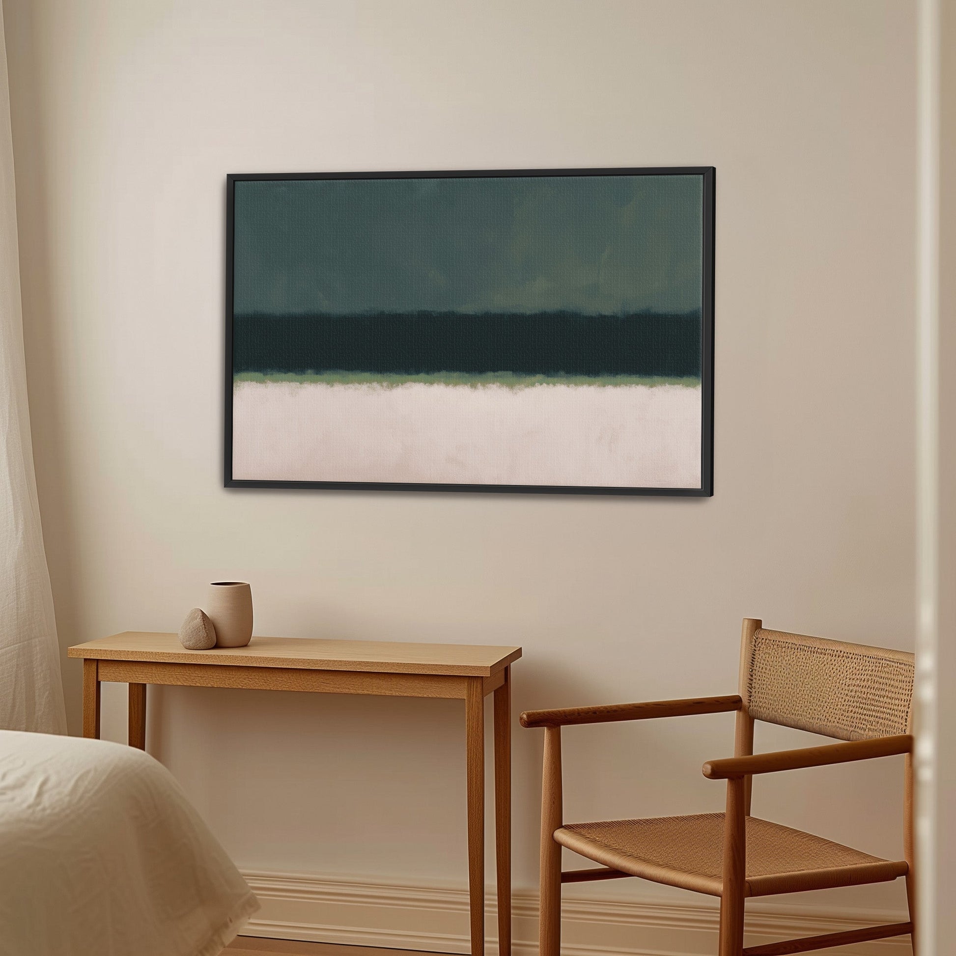 Minimalist Shade Canvas Print with deep olive and neutral tones in black frame, displayed in modern room with wooden chair and table