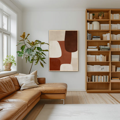 Formation Canvas Print abstract shapes in sienna, ivory, and espresso tones on canvas wall art in modern living room