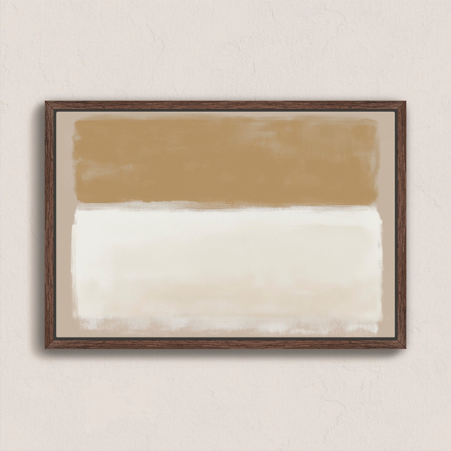 Sienna Canvas Print abstract art with warm golden and ivory tones in a walnut frame on wall