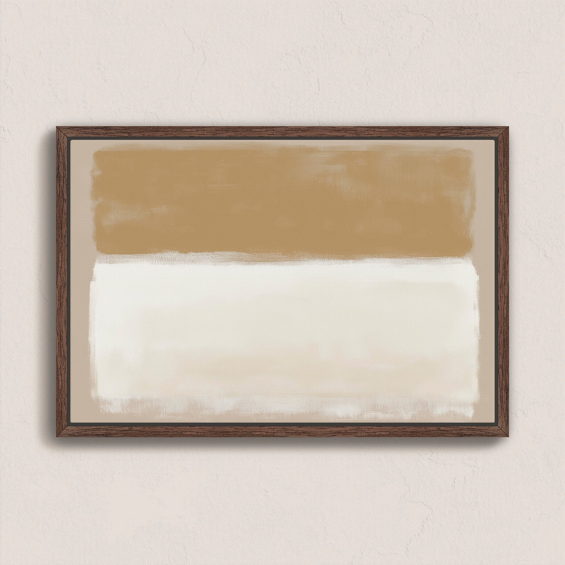 Sienna Canvas Print abstract art with warm golden and ivory tones in a walnut frame on wall
