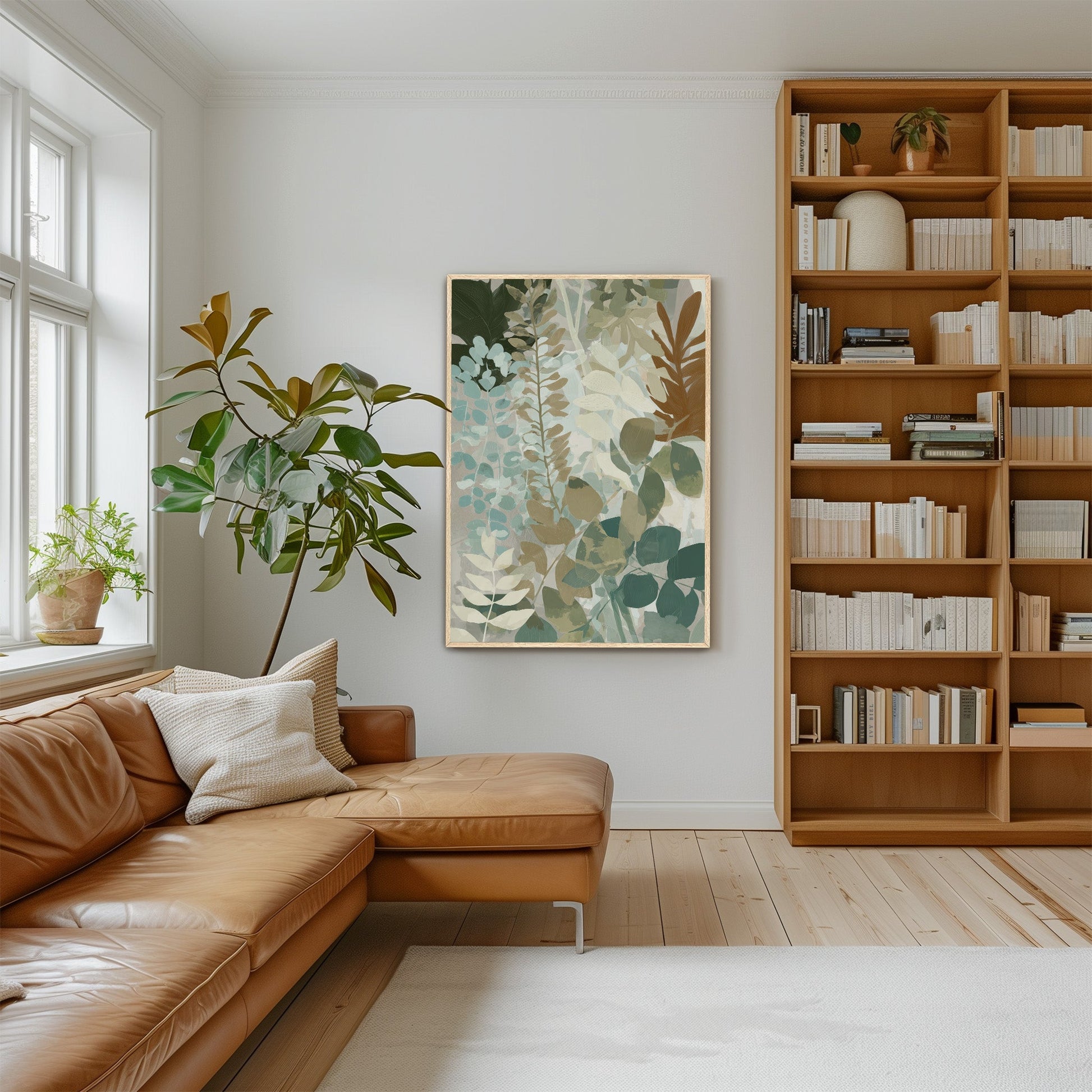 Herba canvas print with soft botanical forms in sage, sea-green, and golden beige tones in a modern living room with leather sofa and wooden bookshelf