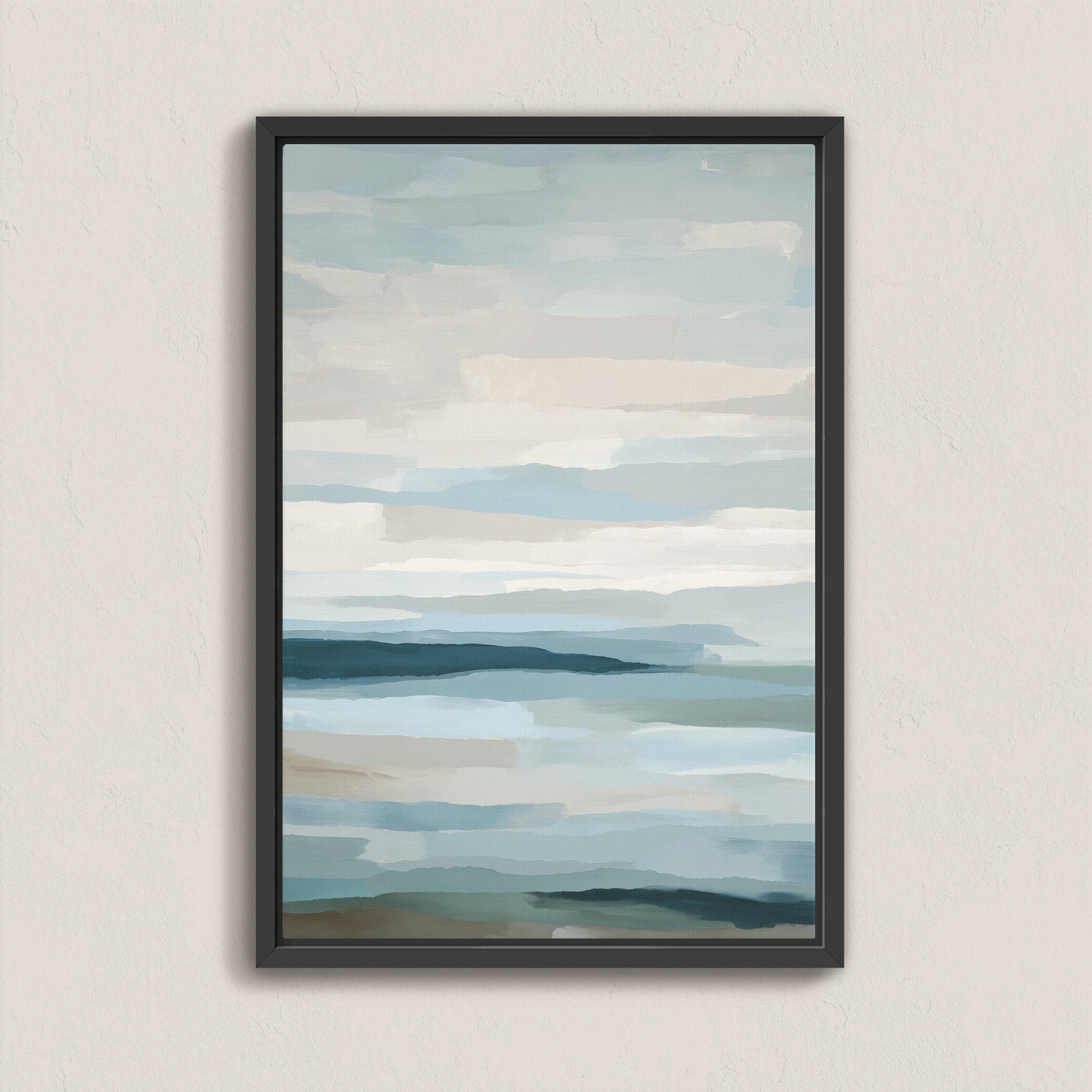 Lapse Canvas Print showing serene abstract sea and sky in soft blue, ivory, and sand tones with black frame, ideal for modern coastal decor