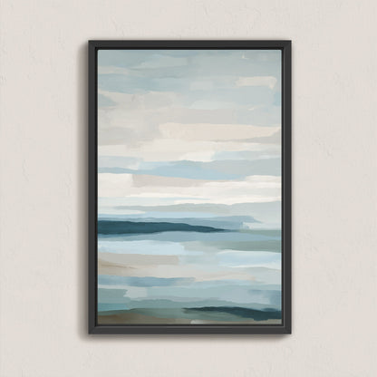 Lapse Canvas Print showing serene abstract sea and sky in soft blue, ivory, and sand tones with black frame, ideal for modern coastal decor