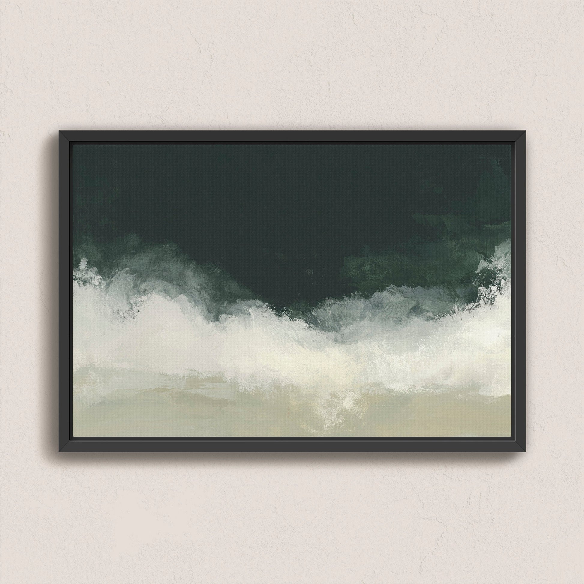 Surge Canvas Wall Art with deep emerald and soft white tones evoking ocean and storm, framed in black floating wood frame.
