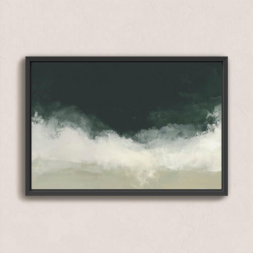 Surge Canvas Wall Art with deep emerald and soft white tones evoking ocean and storm, framed in black floating wood frame.