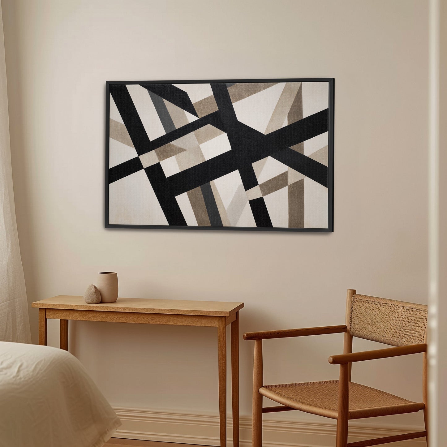 Axis Canvas Print with bold black and neutral geometric lines in a minimalist room setting