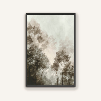The image is a framed painting depicting a forest scene with tall trees and a misty, hazy atmosphere.