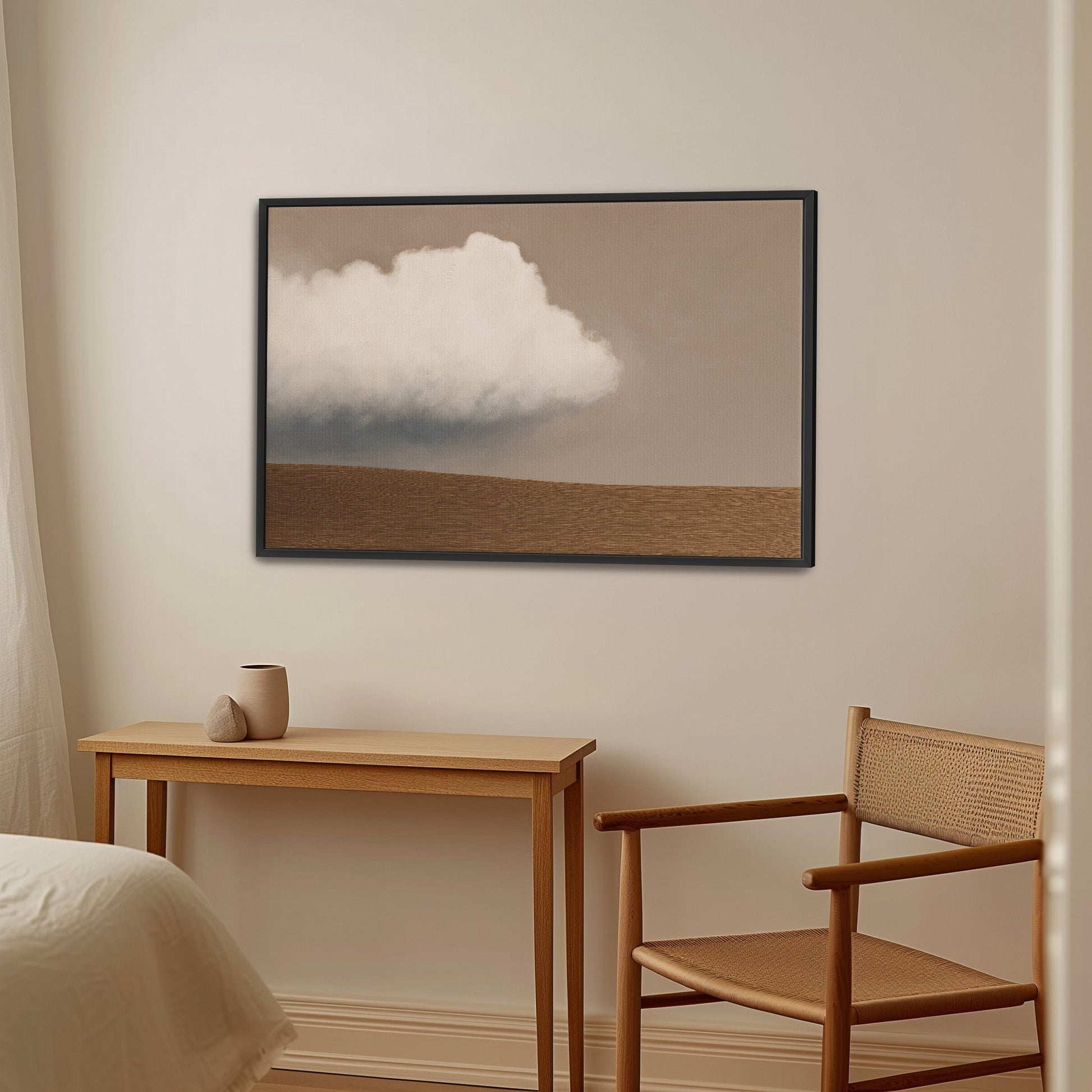 Aerie Canvas Print minimalist landscape with single cloud above earth horizon in soft taupe and ivory tones in modern room setting