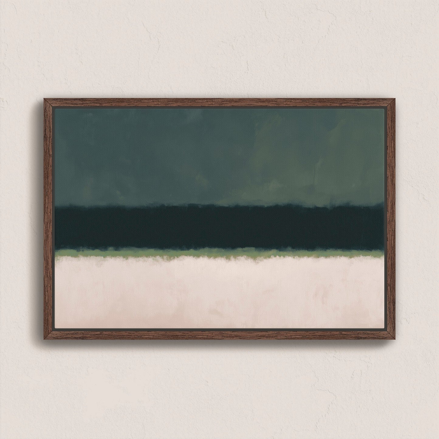 Shade canvas print featuring deep olive and soft neutral tones in a minimalist modern design with a walnut frame