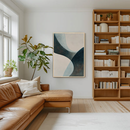 'Bend' Canvas Artwork abstract teal and cream curves on wall in modern living room with leather sofa and wooden bookshelf