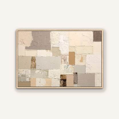 The image is a large abstract painting with a variety of colors and textures, including shades of gray, beige, and brown. The painting is framed and displayed on a wall.