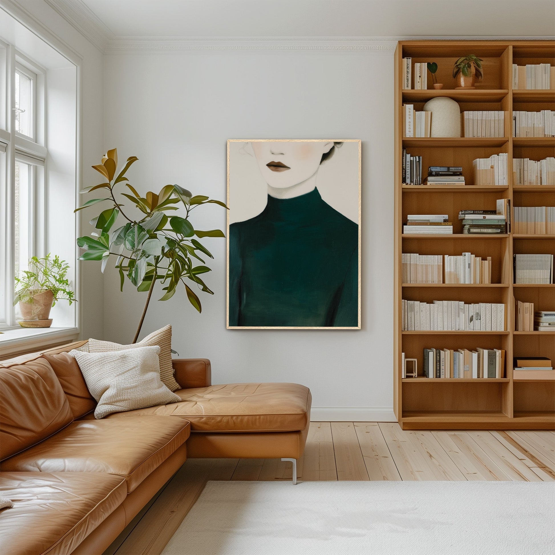 Poise Canvas Print featuring faceless figure in deep emerald turtleneck, framed and hung in modern living room with leather sofa and wooden bookshelf.