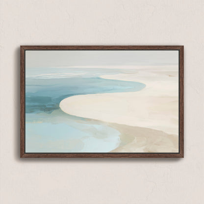 Tideway canvas wall art depicting abstract sea and sand in soft ivory, beige, and ocean blue tones with a walnut frame