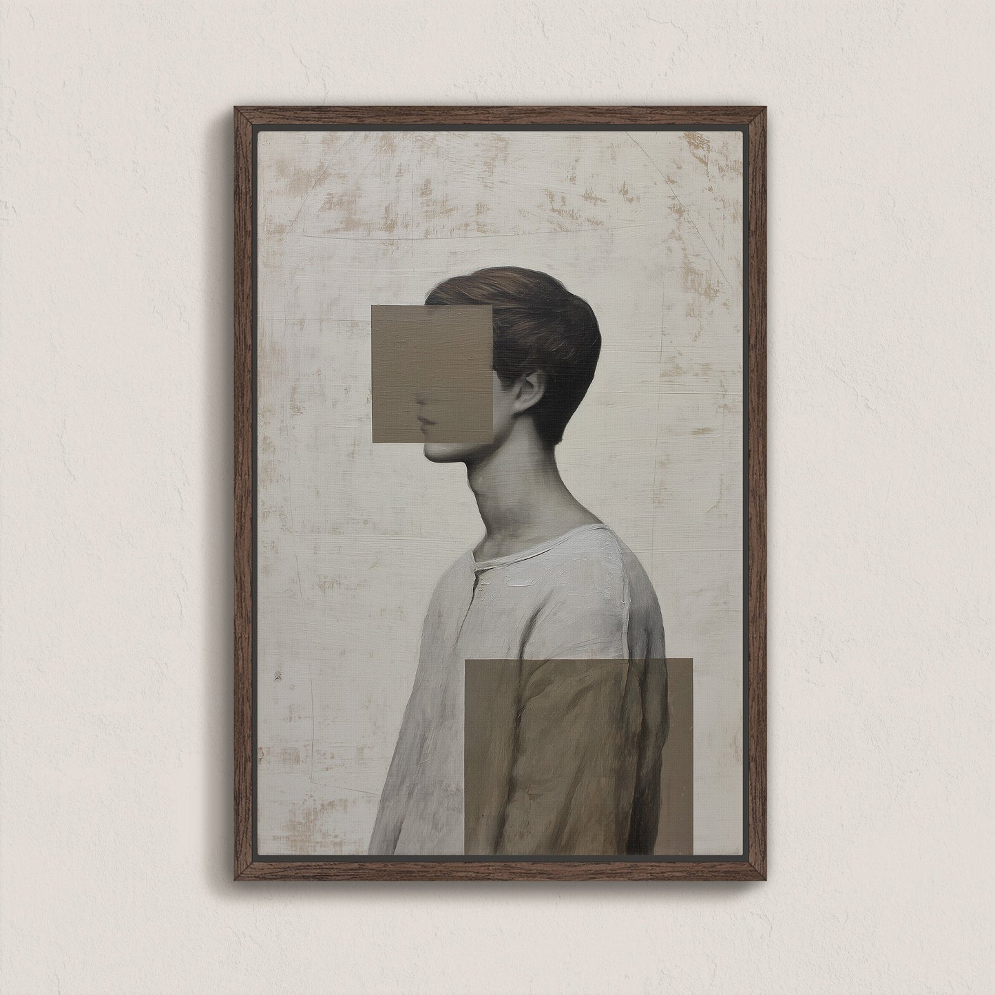 Masked Canvas Print featuring an abstract portrait with geometric shapes and muted tones in a walnut frame