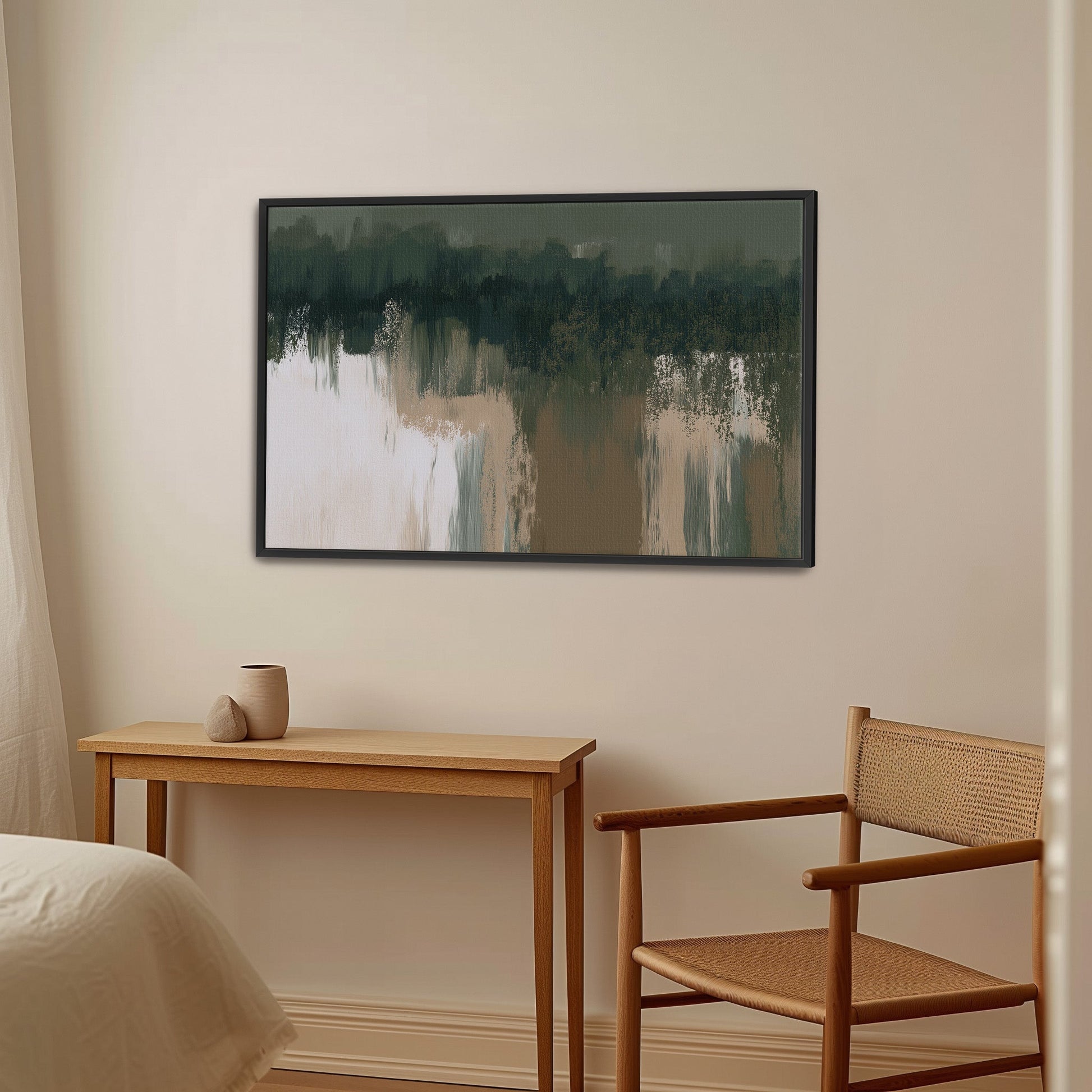 Forestline Canvas Print abstract forest green and taupe tones framed wall art in minimalist room