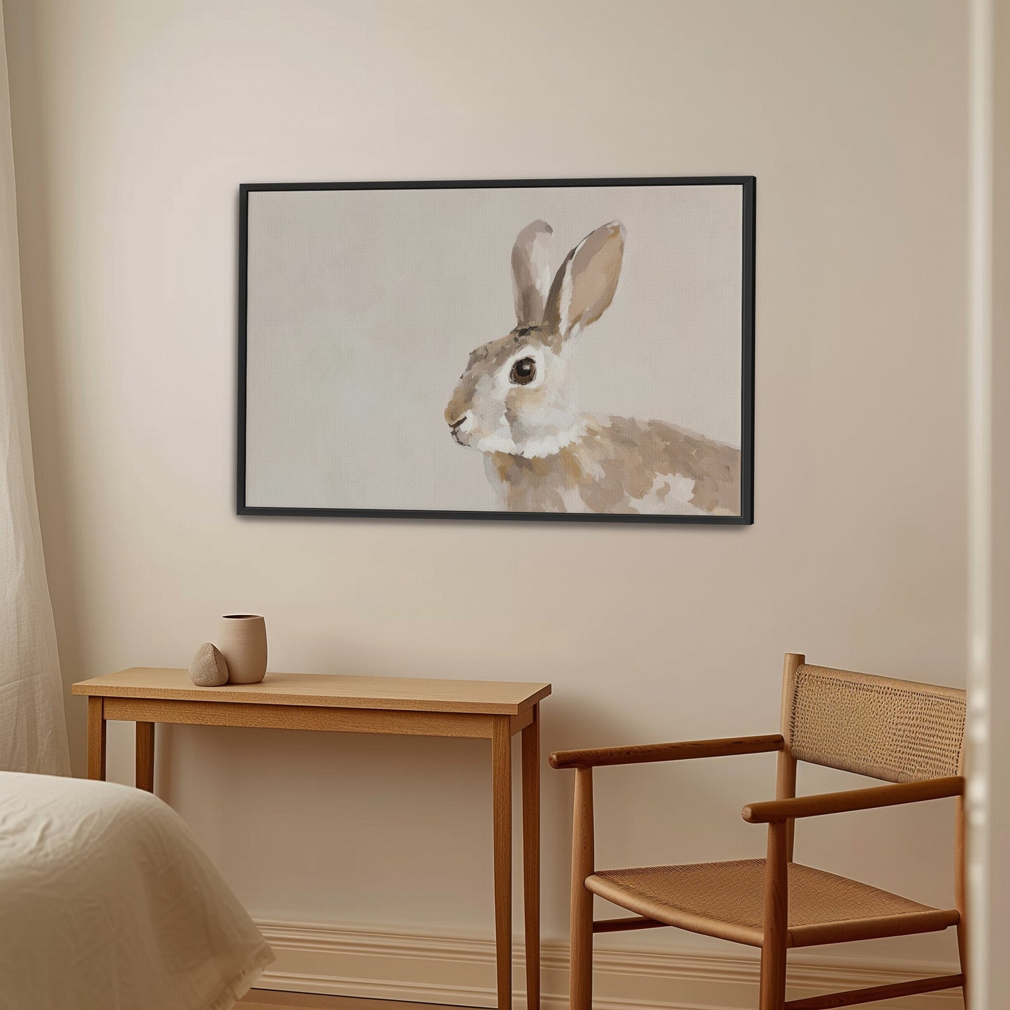 Clover Canvas Print featuring a neutral-toned rabbit in a minimalist room with wooden furniture