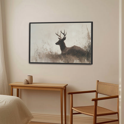 Haven Canvas Print showing a lone deer resting in soft grasses with a neutral, warm palette in a modern, minimalist room setting
