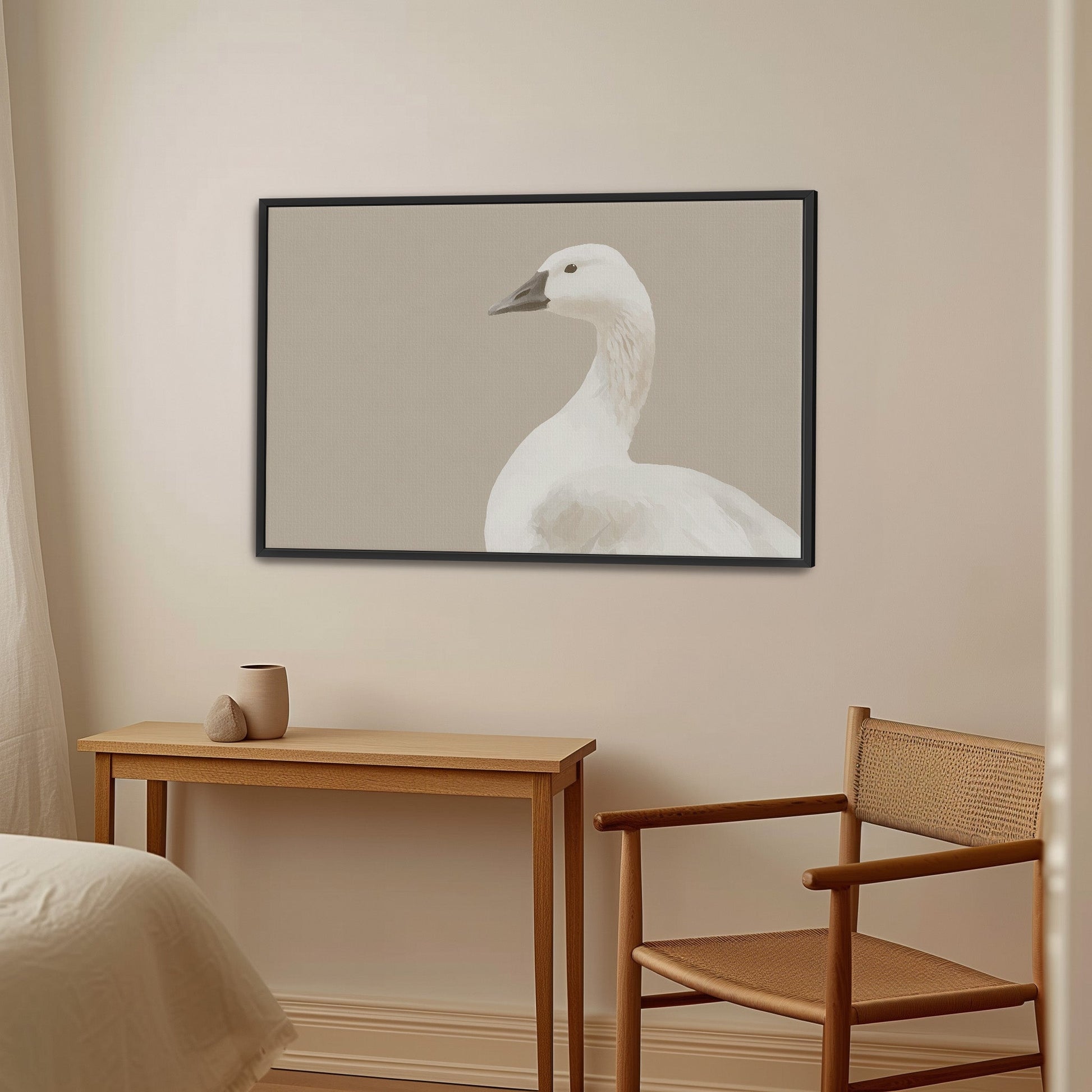 Grace Canvas Print featuring a minimalist white bird on cream beige background in a modern framed wall art display