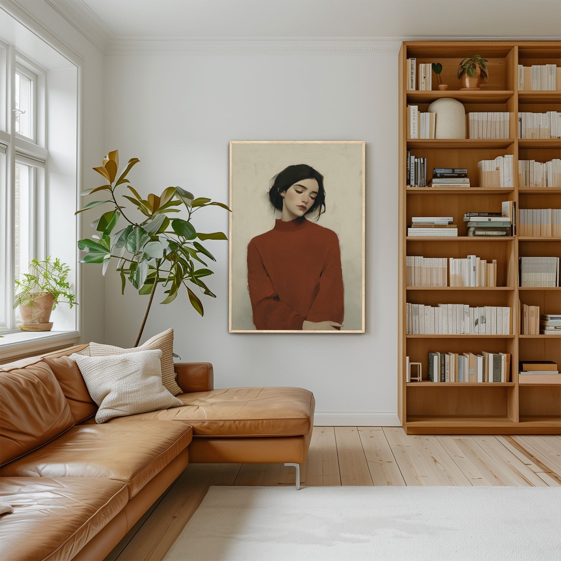 Madi canvas wall art featuring a serene woman in a red sweater in a modern living room with leather sofa and wooden bookshelf
