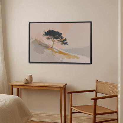 Arbor Canvas Wall Art featuring a lone pine tree on a sunlit hillside in warm neutral tones with black frame in a cozy minimalist room