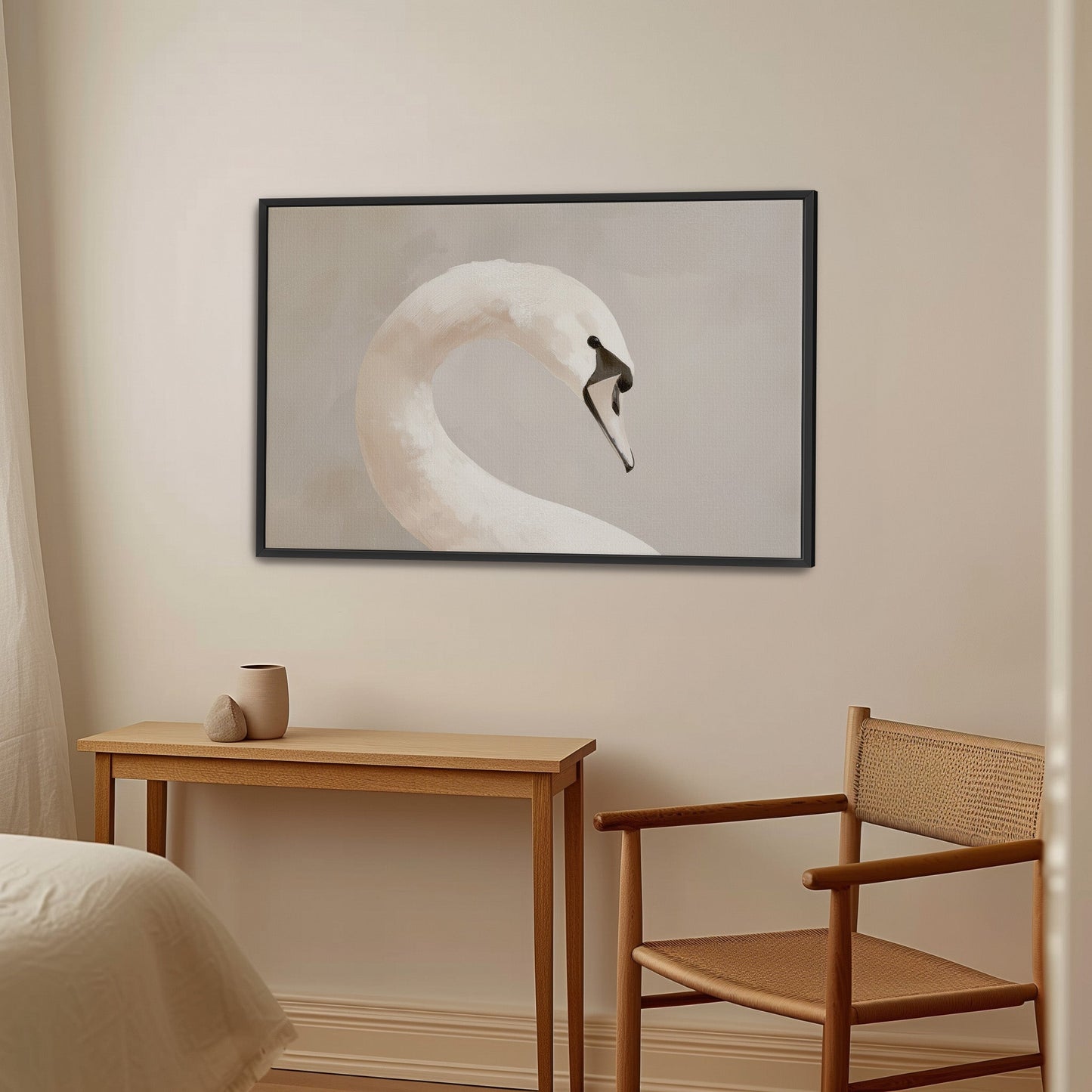 Lumine Canvas Print of a serene swan in muted tones, framed minimalist wall art