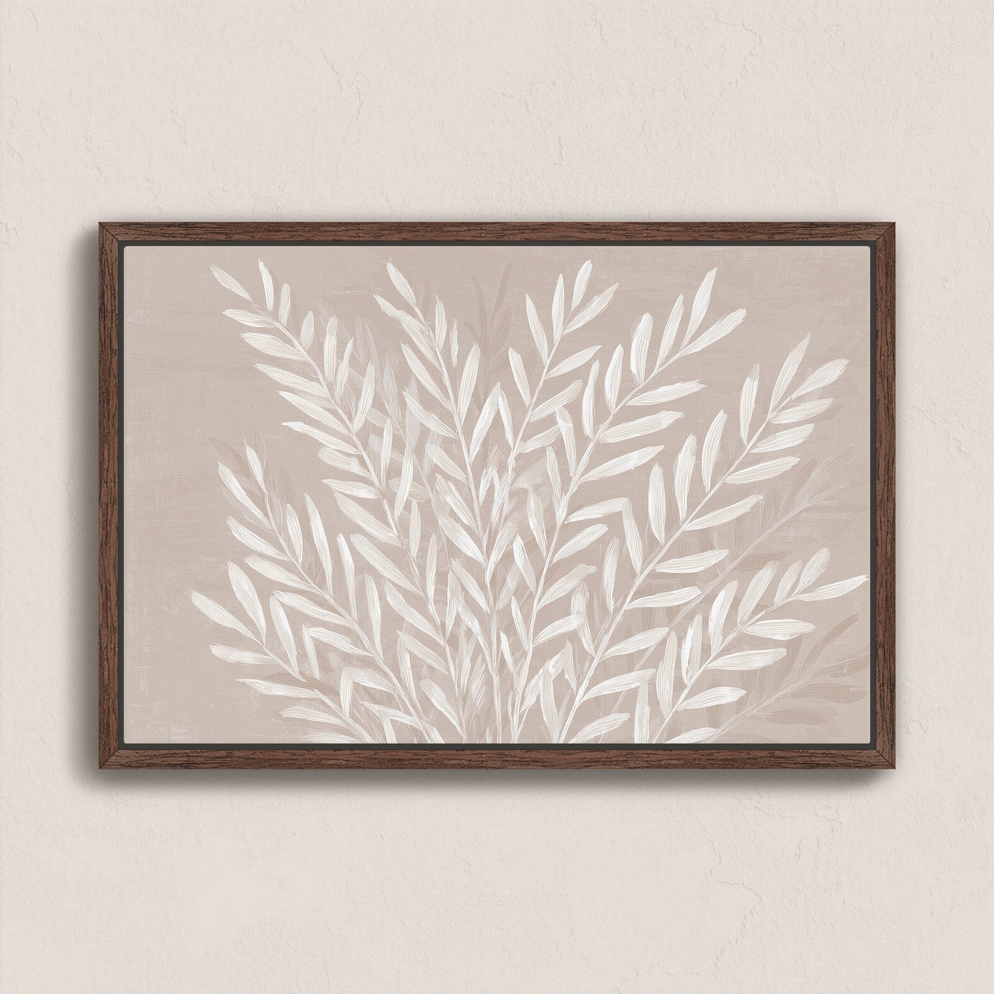 Whisper canvas print with slender ivory leaves on soft taupe background in walnut frame