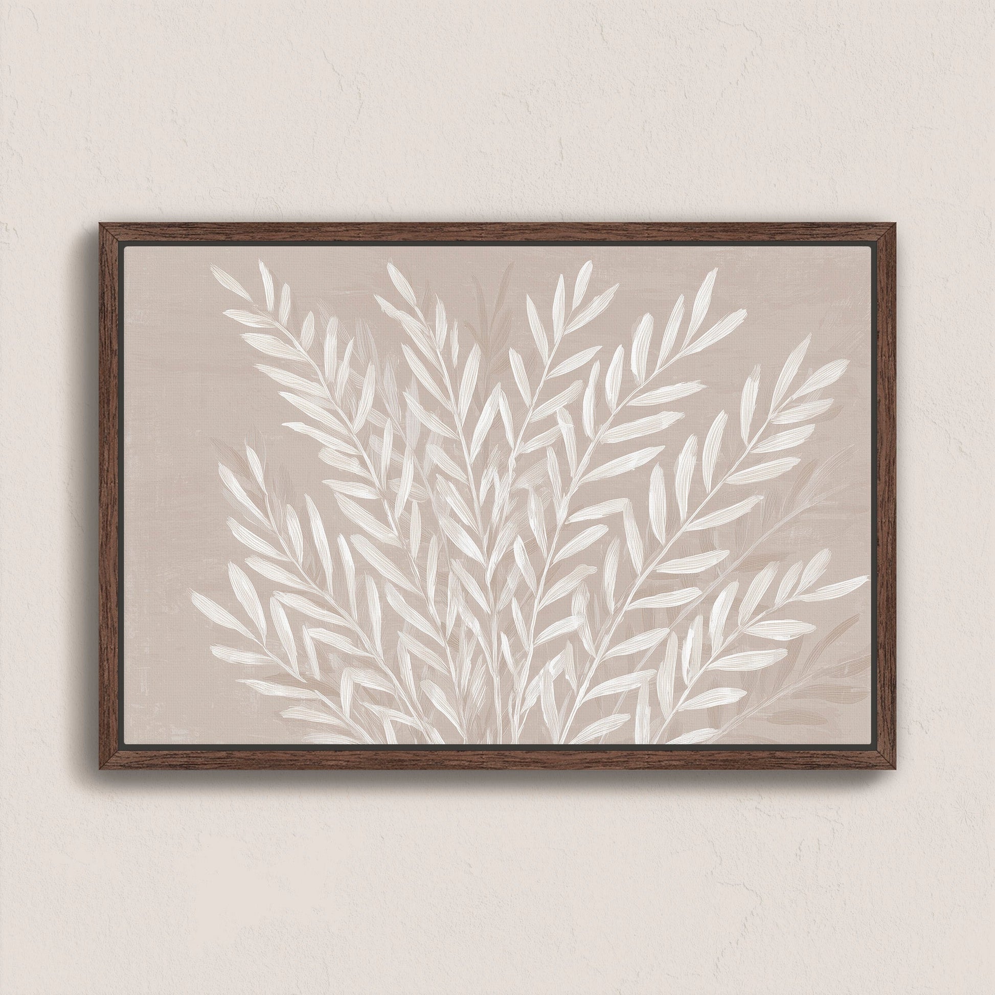Whisper canvas print with slender ivory leaves on soft taupe background in walnut frame