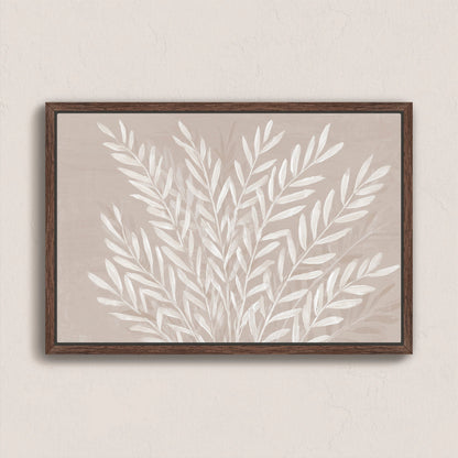 Whisper canvas print with slender ivory leaves on soft taupe background in walnut frame