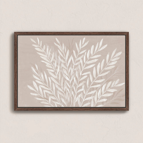 Whisper canvas print with slender ivory leaves on soft taupe background in walnut frame