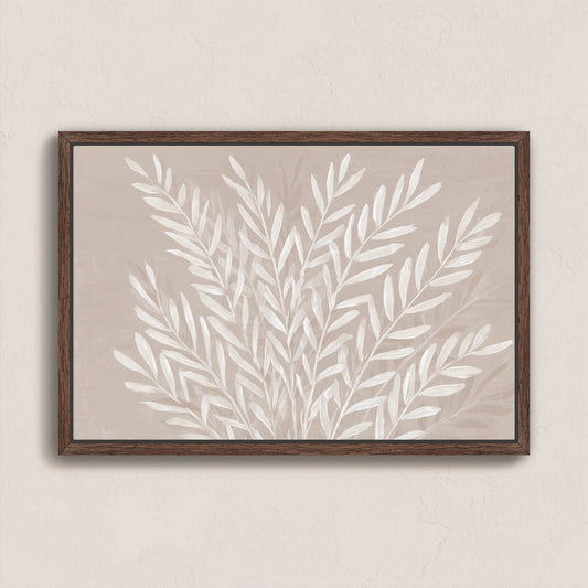Whisper canvas print with slender ivory leaves on soft taupe background in walnut frame